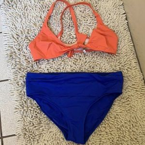 Bikini top and bottom.  Orange blue